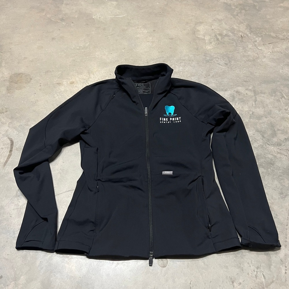 FIGS Technical Collection Scrub Jacket Black Womens Large Fine Print Dental Lab